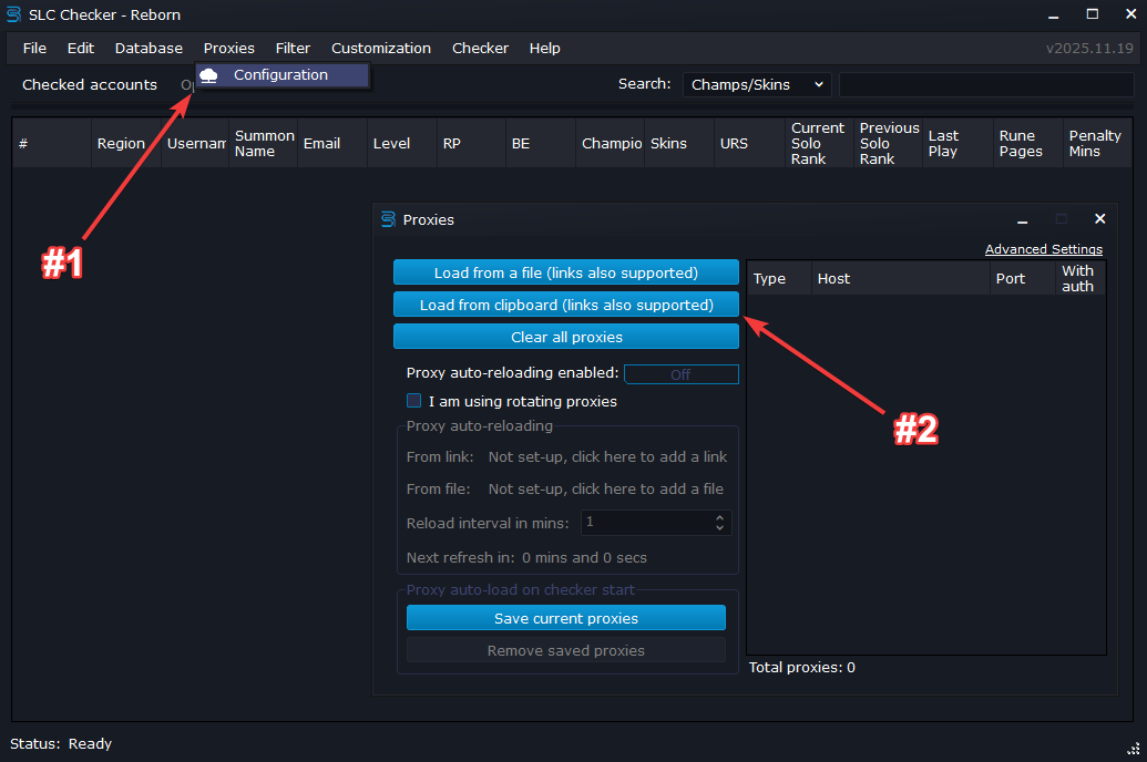 Proxies import panel